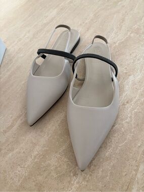 Brunello Cucinelli Pointed Slingback Flats in Light Gray with Black Strap